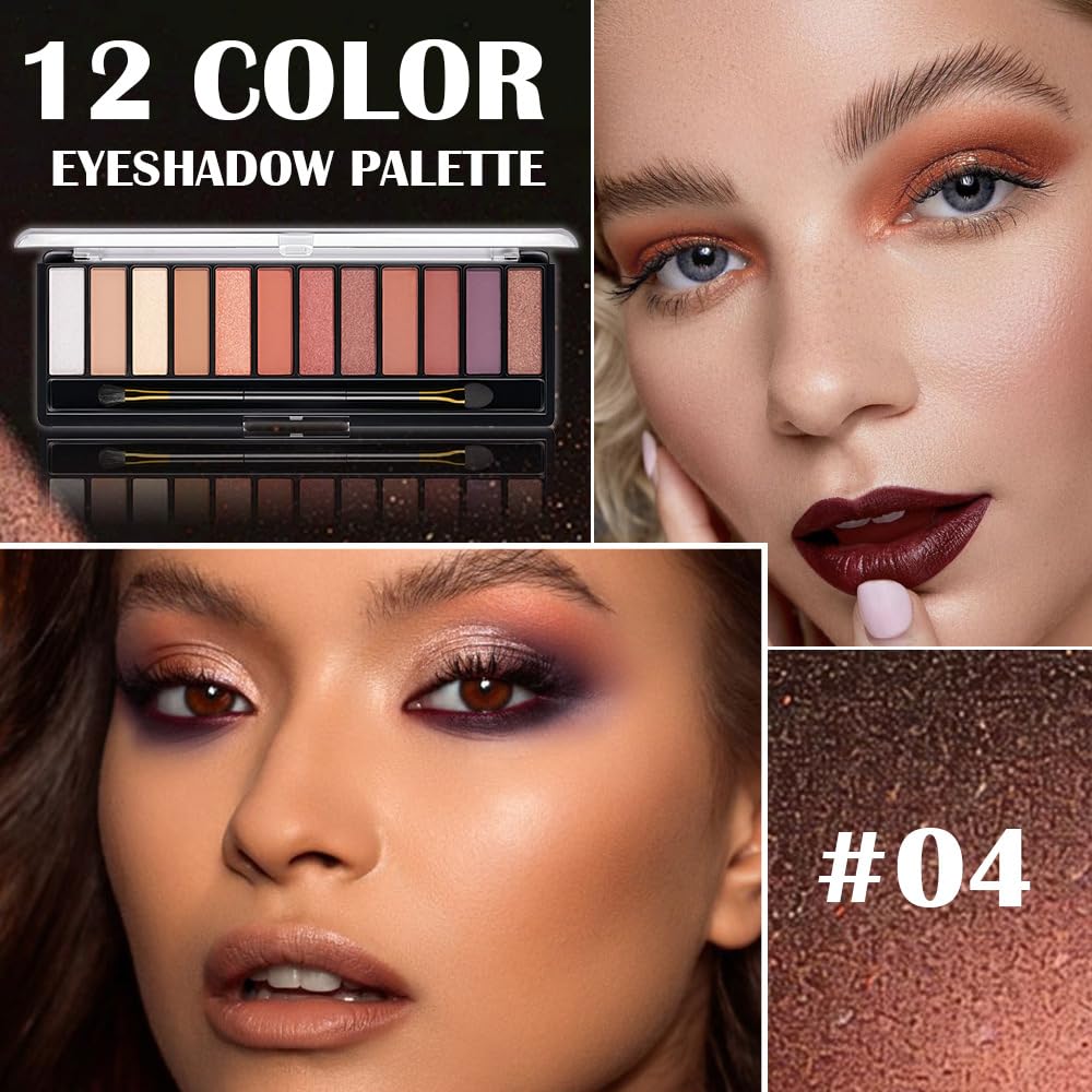 12 Colors Warm Eyeshadow Palette – Matte, Shimmer & Glitter Copper Coral Tones – Rose Gold, Champagne, Bronze & Terracotta Shades – High Pigment, Long-Lasting Eye Makeup for Women – 04#