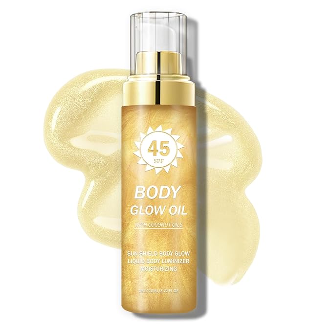 Body Glow Oil,SPF 45 Broad Spectrum,Body Shimmer Oil with Gold Mica,Glitter Sunscreen with Coconut,Lightweight Non-Sticky,Water Resistant,Glowing Results,3.72 fl oz,GOLD
