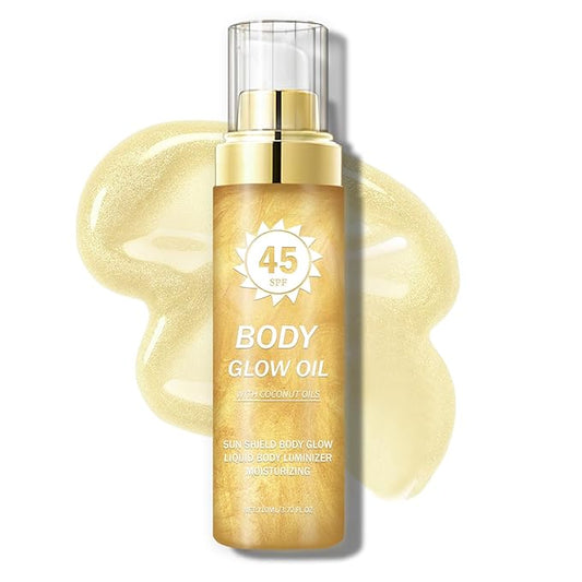 Body Glow Oil,SPF 45 Broad Spectrum,Body Shimmer Oil with Gold Mica,Glitter Sunscreen with Coconut,Lightweight Non-Sticky,Water Resistant,Glowing Results,3.72 fl oz,GOLD