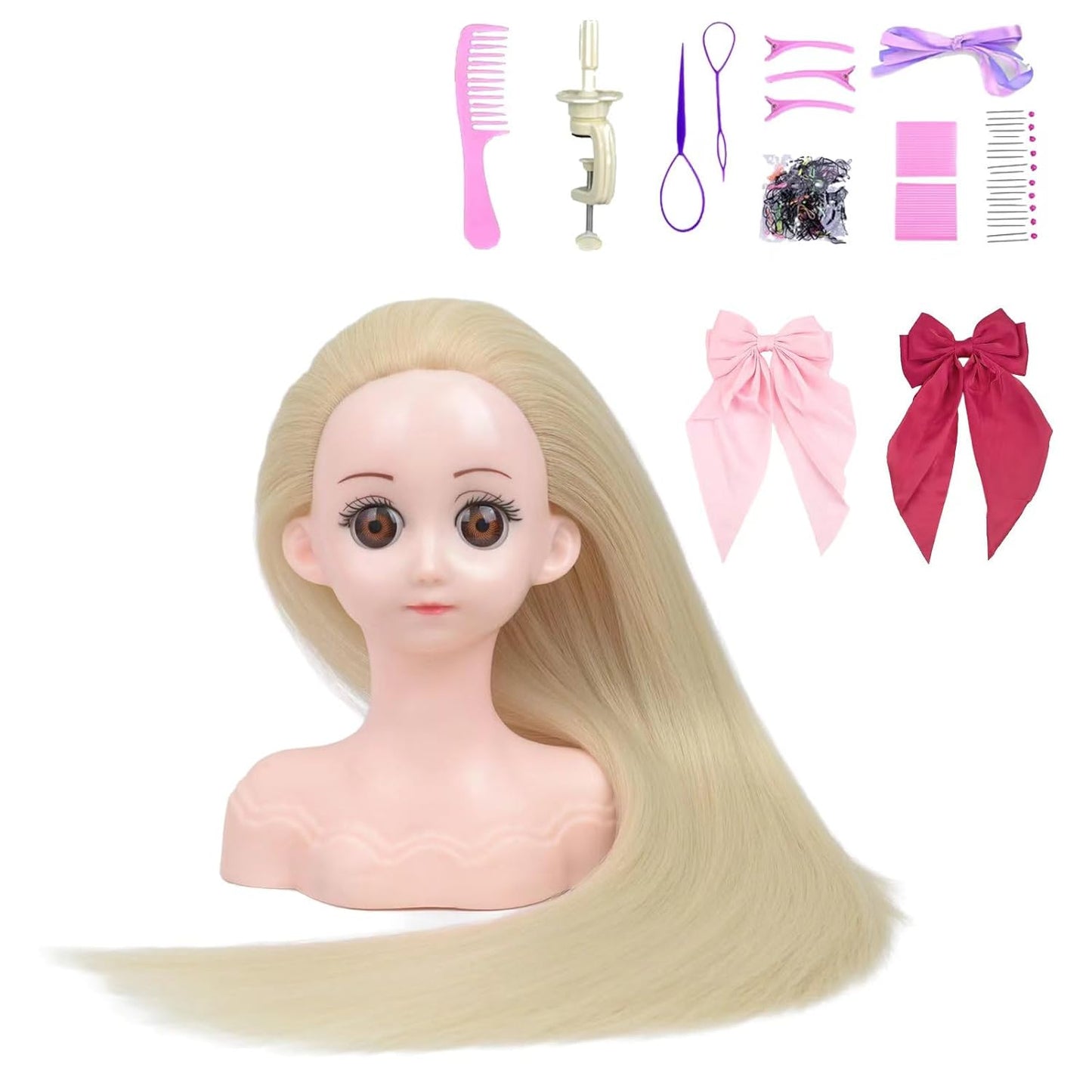 Small Doll Head For Hair Styling,Mini Synthetic Mannequin Head,Doll Head With Clamp Holder & Tools, Practice Doll Head For Hair Braiding,Styling and Cutting with Two Bows (Blond)