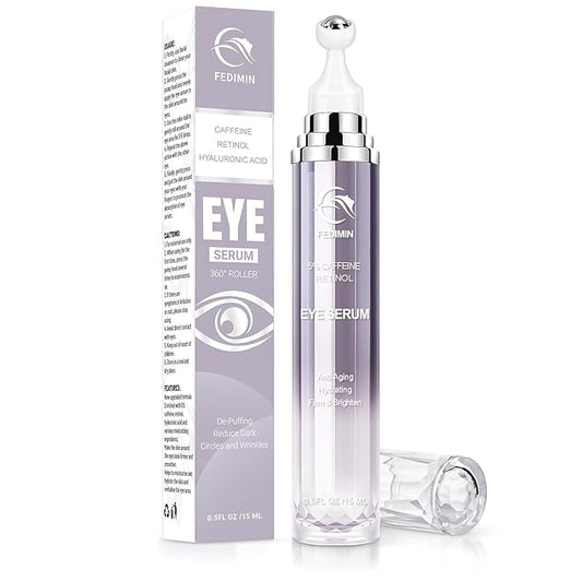 5% Caffeine Eye Cream for Dark Circles Under Eye Treatment Eye Serum for Wrinkles Fine Lines, Retinol Eye Care Eye Cream for Puffiness and Bags Eye Serum with 360° Massage Roller-Ball (Light Purple)
