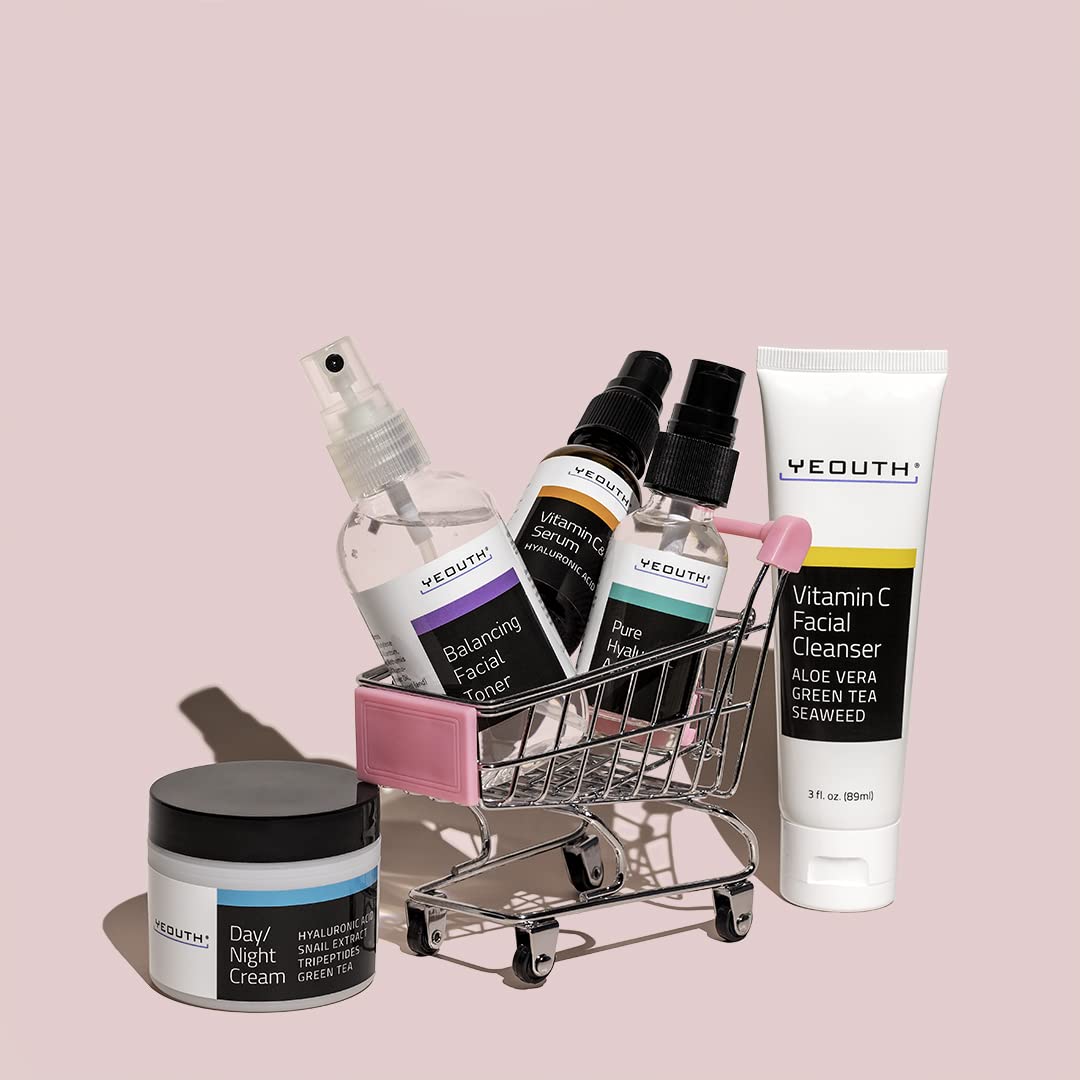 YEOUTH Skin Care Set: Hyaluronic Acid Serum for Face, Vitamin C Facial Serum, Face Cleanser, Toner & Cream, Hydrating Skin Care Kit 5-Piece