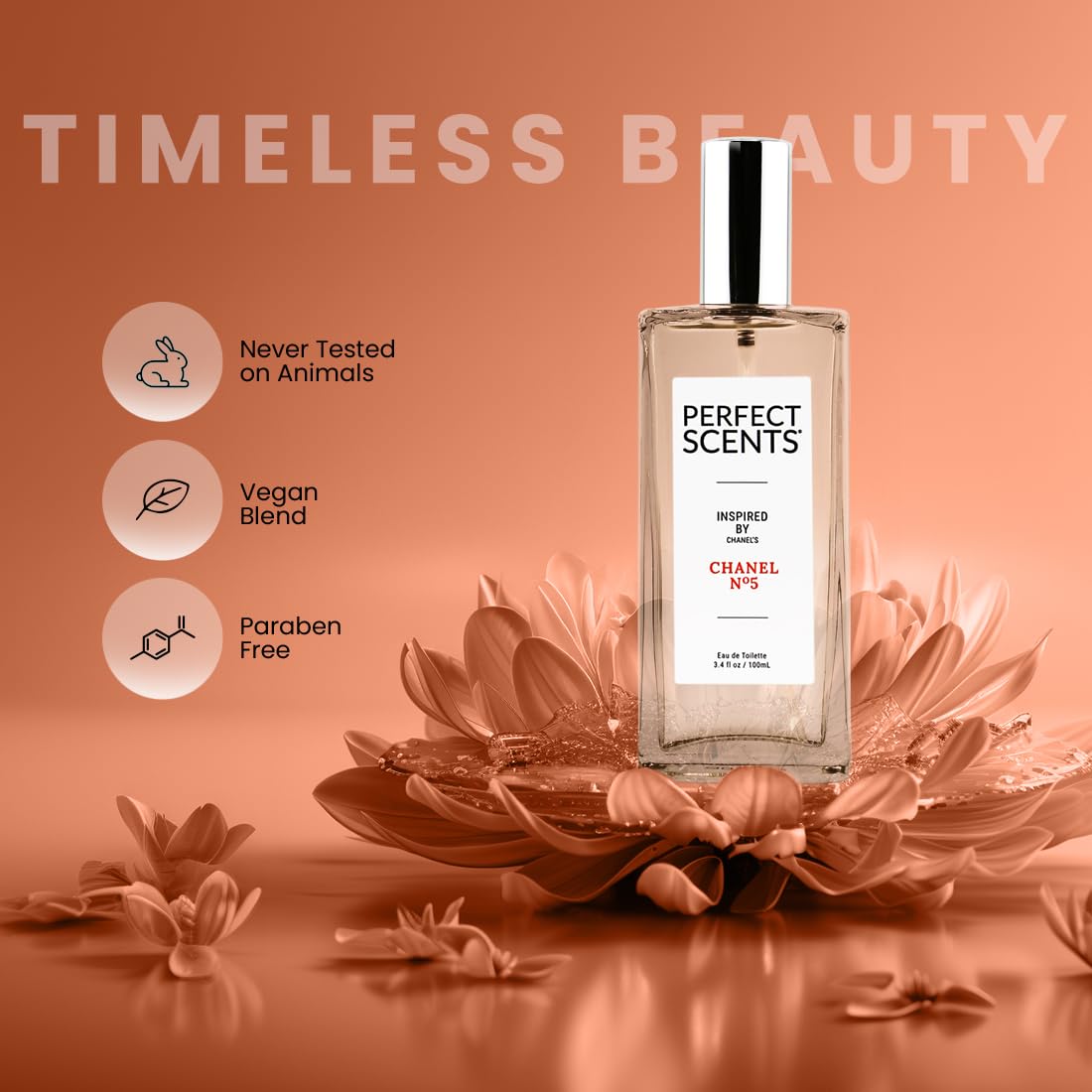 Perfect Scents Fragrances, Inspired by Chanel’s No. 5, Women’s Eau de Toilette, CLEAN, Vegan, Paraben-Free, Phthalate-Free, Never Tested on Animals, 3.4 Fluid Ounces