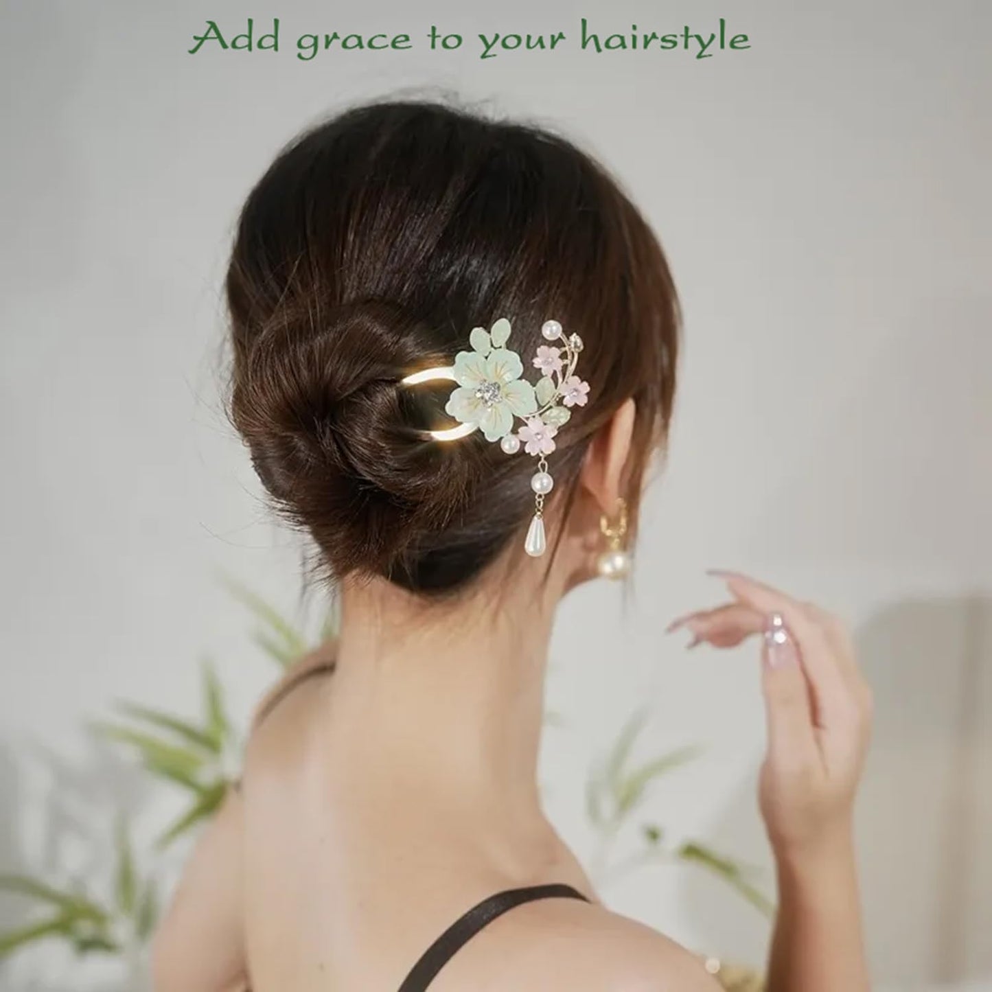 Ancient Style Elegant Flower Tassel Hairpin, Vintage Floral Hair Pin, Mint Green and Pink Flowers with Pearl Tassel, Chinese Style Hairpin Hair Accessories