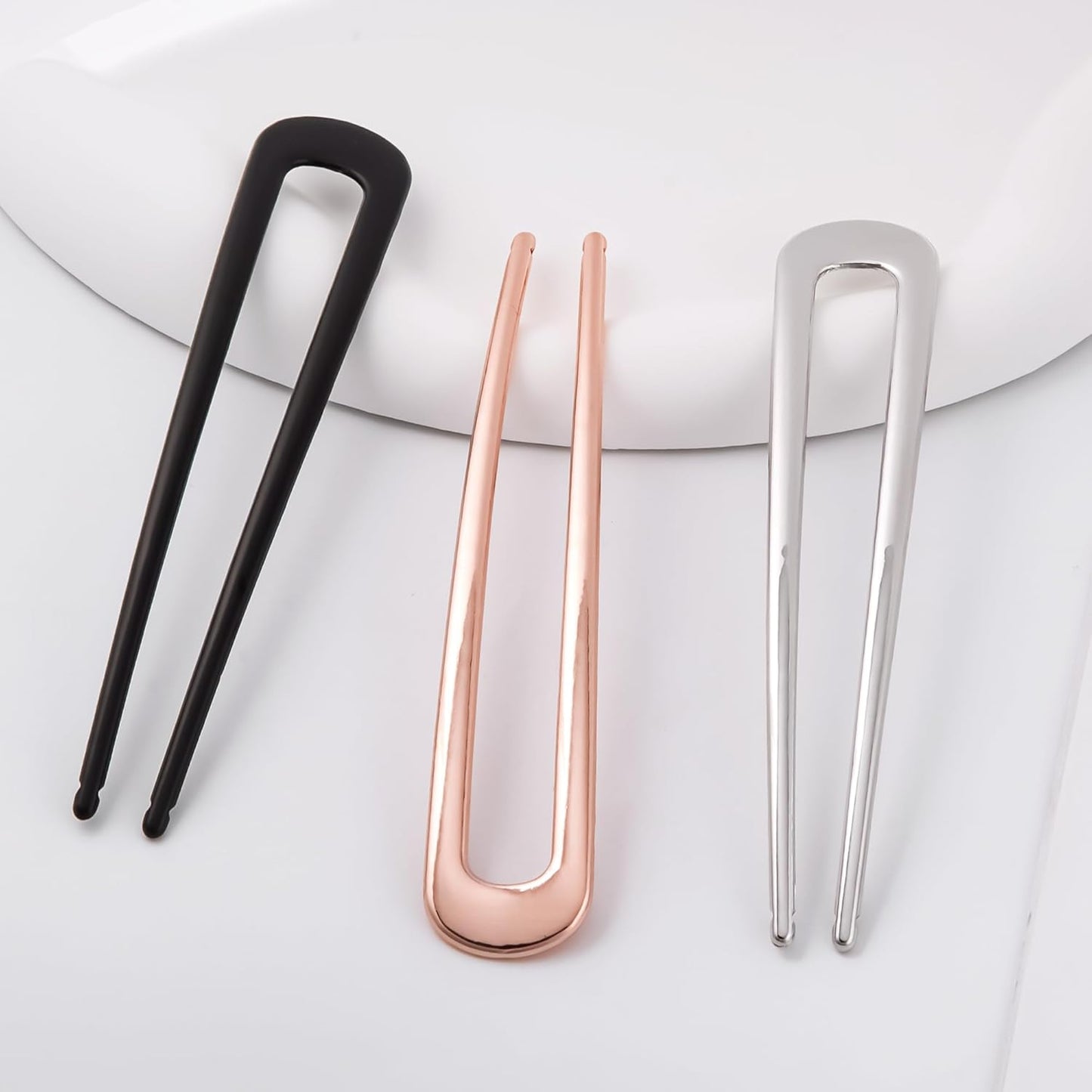 6Pcs Metal French Hair Pins for Women U Shape Sticks 3.9 Inch Vintage Fork for Hairstyle Accessories(Black/Rosegold/Silver）