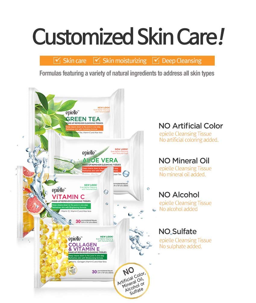 Epielle New Makeup Remover Cleansing Wipes Tissue - Cucumber 30 Count 6 Pack | Gentle for all Skin Types | Daily Facial Cleansing Towelettes | Removes Dirt, Oil, Makeup (Vitamin C)