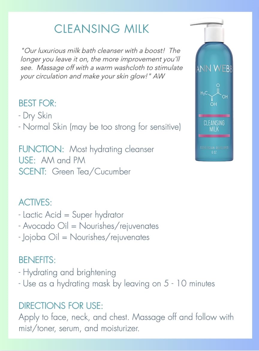 Facial Milk Cleanser - Gentle Daily Face Wash for All Skin Types. Thick, Hydrating, Moisturizing Cleanser w/Lactic Acid AHA Nourish & Rejuvenate 6oz