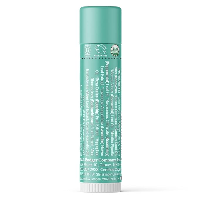 Badger Highland Mint Classic Lip Balm, 100% Organic Balm Long Lasting Lip Moisturizer w/Light Silky Texture, Refreshing, Invigorating & Soothing Mint Lip Balm, 4 Pack