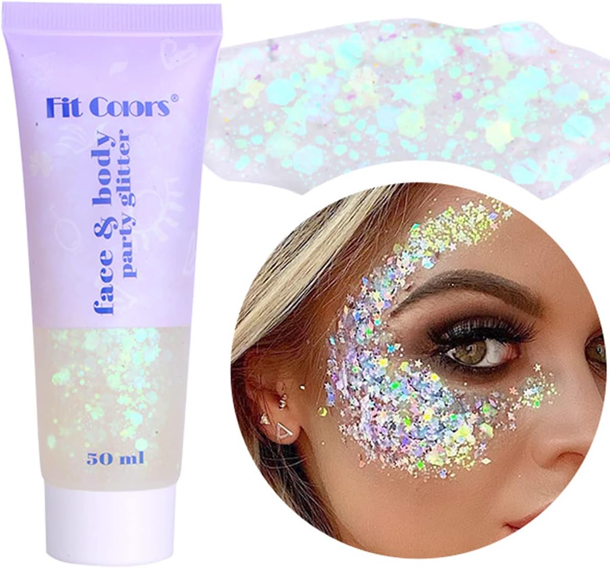 White Face Glitter Gel,Mermaid Body Glitter,Festival Rave Carnival Halloween Hair Sequins Face Glitter Paint Makeup,St Patricks Day Accessories,Sparkling Chunky for Women&Kids,50ML