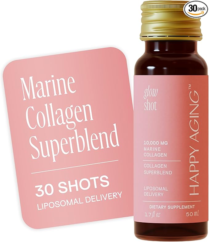 Glow Shot, 10,000mg Marine Collagen Peptides, Liposomal Delivery, Promotes Skin Hydration, Elasticity & Radiance, Supports Hair & Nails, Ready-to-Drink, No Sugar, Non-GMO, 30 Shots
