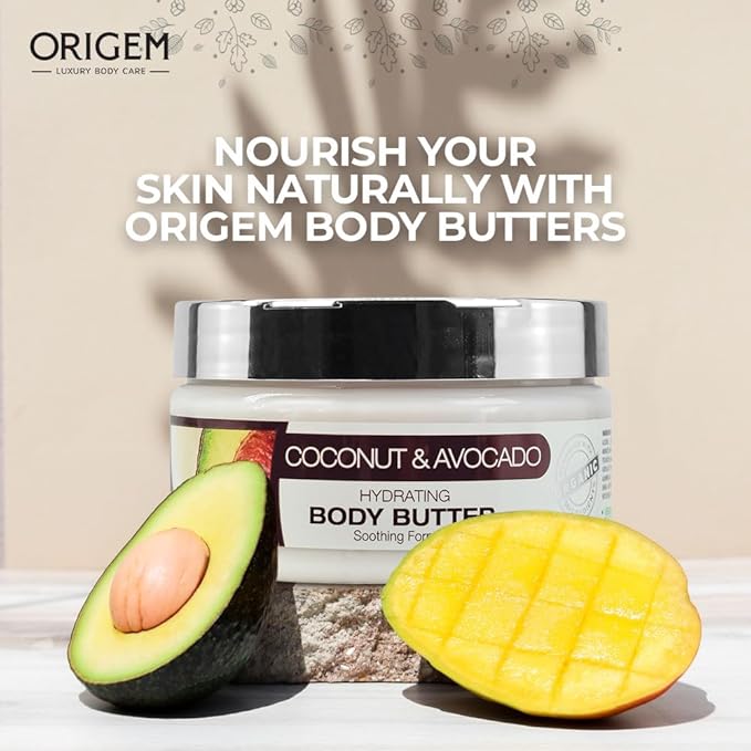 ORIGEM Body Butter for Dry Skin – Deep Hydration & Skin Repair – Coconut, Avocado, Shea & Argan Oil – Vitamin E Moisturizer for Women – Non-Greasy Body Cream – 8 Oz