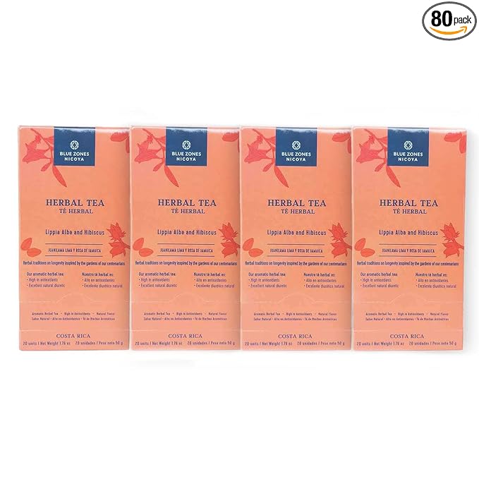 Blue Zones Nicoya - Lippia Alba & Hibiscus Flavored Tea Bags - 100% Natural, Organic, and Refreshing - High Micronutrients - Gluten, Caffeine, Sugar-Free - 4 Packs of 20