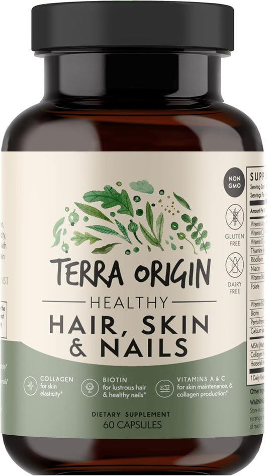 TERRA ORIGIN Healthy Hair, Skin and Nails Supplement | Collagen, Biotin, Horsetail & B-Complex | Supports Hair Strength, Skin Elasticity & Nail Growth | Vitamins for Women and Men | 60 Capsules