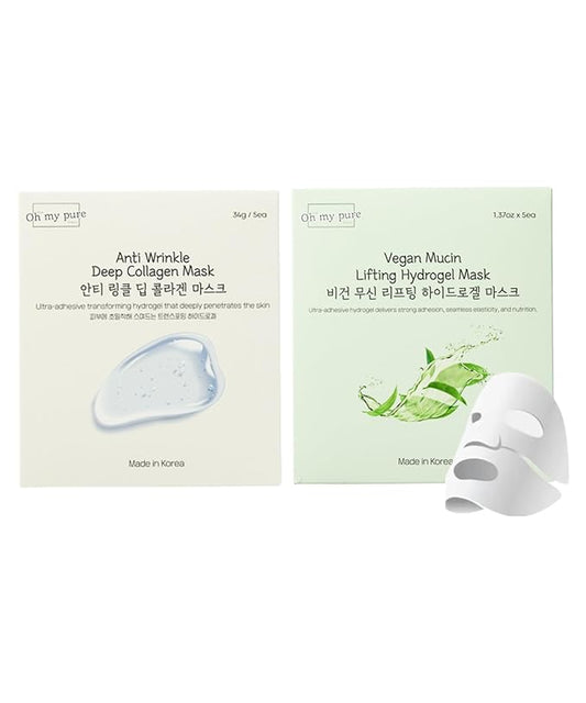 OHMYPURE Hydrogel Collagen Face Mask 5+5EA K-Beauty Luxury Bundle (AntiWrinkle 5ea, Vegan Mucin 5ea) (Variety 10)