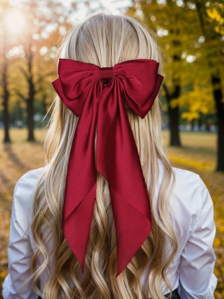 Women Big Bow Barrettes Girl's Satin Hairclips Long Ribbon Hair Pins Accessories For Party (Burgundy)
