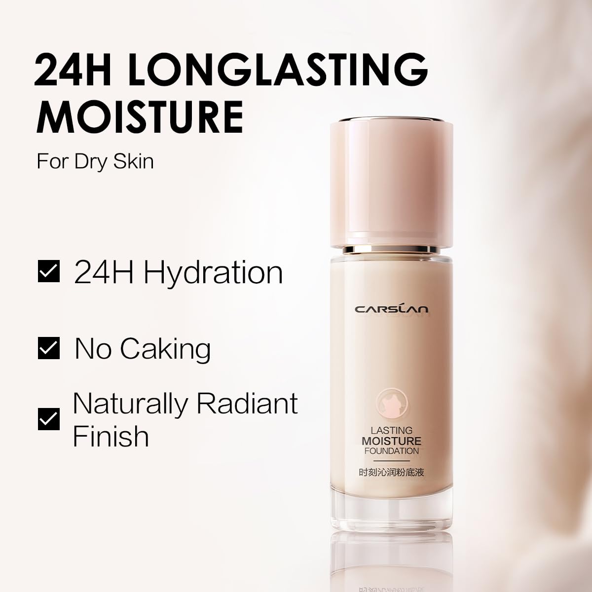CARSLAN Lasting Moisture Foundation, 24H Longlasting Medium Coverage Dewy Finish Face Makeup, Poreless, Lightweight, Waterproof, Oil Free Liquid Foundation, P02