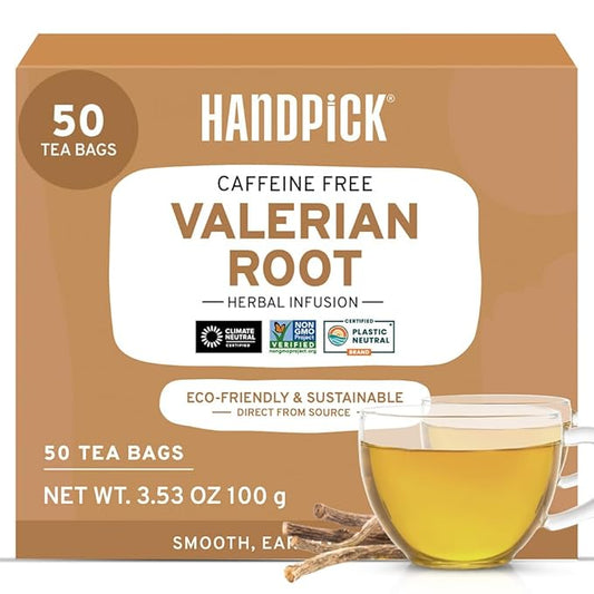 HANDPICK, Valerian Root Tea Bags (Valeriana) 50 Count | Non-GMO, Caffeine Free, Real Ingredients | Earthy/Woody Herbal Tea Bags | Round Eco-conscious Tea Bags