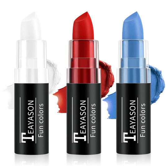Red Blue White Face Paint Halloween Makeup Kit, Matte Lipstick Set Eye Black Stick, Usa Themed Accessories Flag Color, Body Paint Face Makeup for Halloween Clown Joker