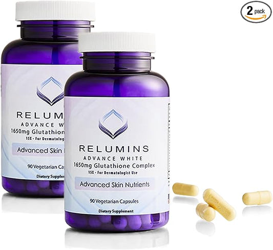 Relumins L-Glutathione Complex 1650mg - Antioxidant Support with Alpha Lipoic Acid, NAC, L-Methionine, Vitamin E - Halal & cGMP Certified, Skin Health Supplement - 90 Vegetarian Capsules x 2 Bottles