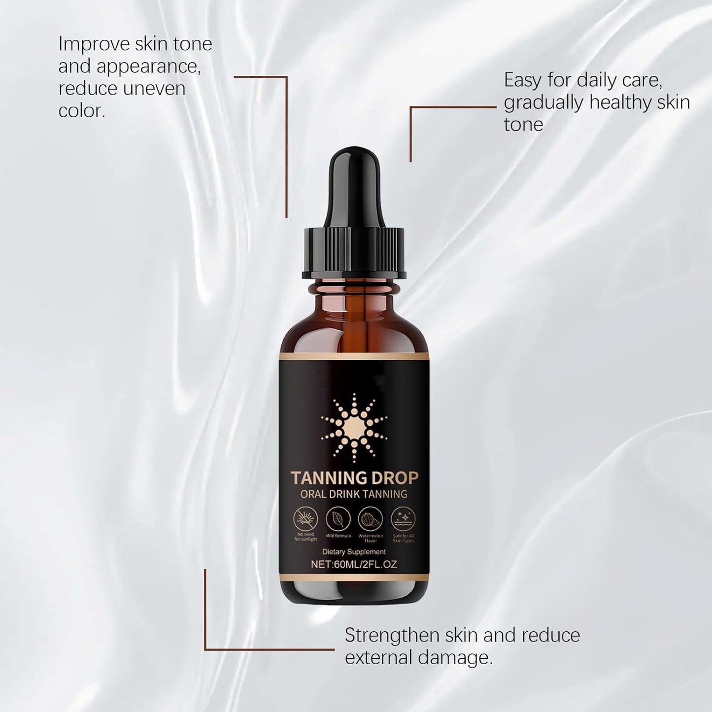 Tanning Drops, 2Fl Oz Sunless Tanning Drops To Drink, Bronzing Tanner for Face and Body, Long-Lasting Tans Without Sun, Enhancing Natural Skin Tone for All Skin Types