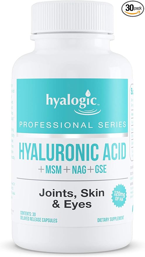 Hyalogic Hyaluronic Acid Delayed Release Capsules | Combo Formula w/Glucosamine MSM | Support Healthy Joints, Eyes and Skin and Overall Body | Promote Healthy Skin | 120 mg | Non-GMO (30 Count)