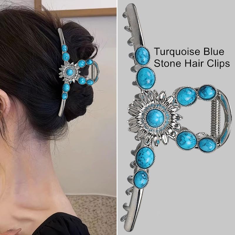 Turquoise Blue Stone Hair Clips, Large Metal Retro Sun Flower Style Claw Clip for Women Strong Hold Big Non-Slip Hair Catch Barrette Jaw Clamp for Long Thick Hair, Fashion Styling Accessories (2 Pack)