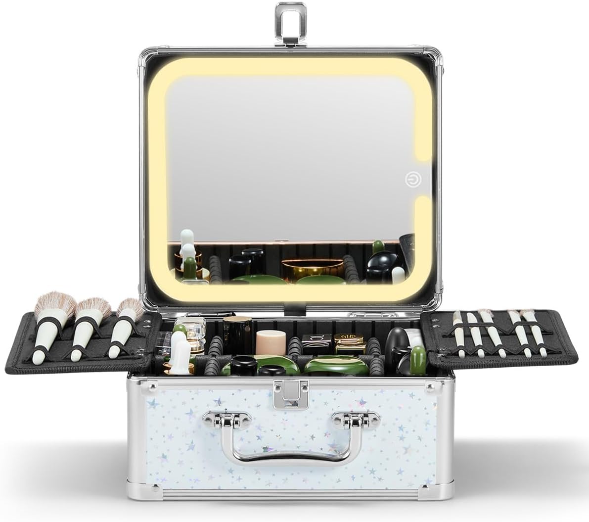 Qislee Makeup Box with A Detachable Lighted Mirror, Waterproof Travel Train Case, Cosmetic Organizer and Makeup Suitcase with Adjustable Dividers, Magnetic LED Mirror(Snow White)