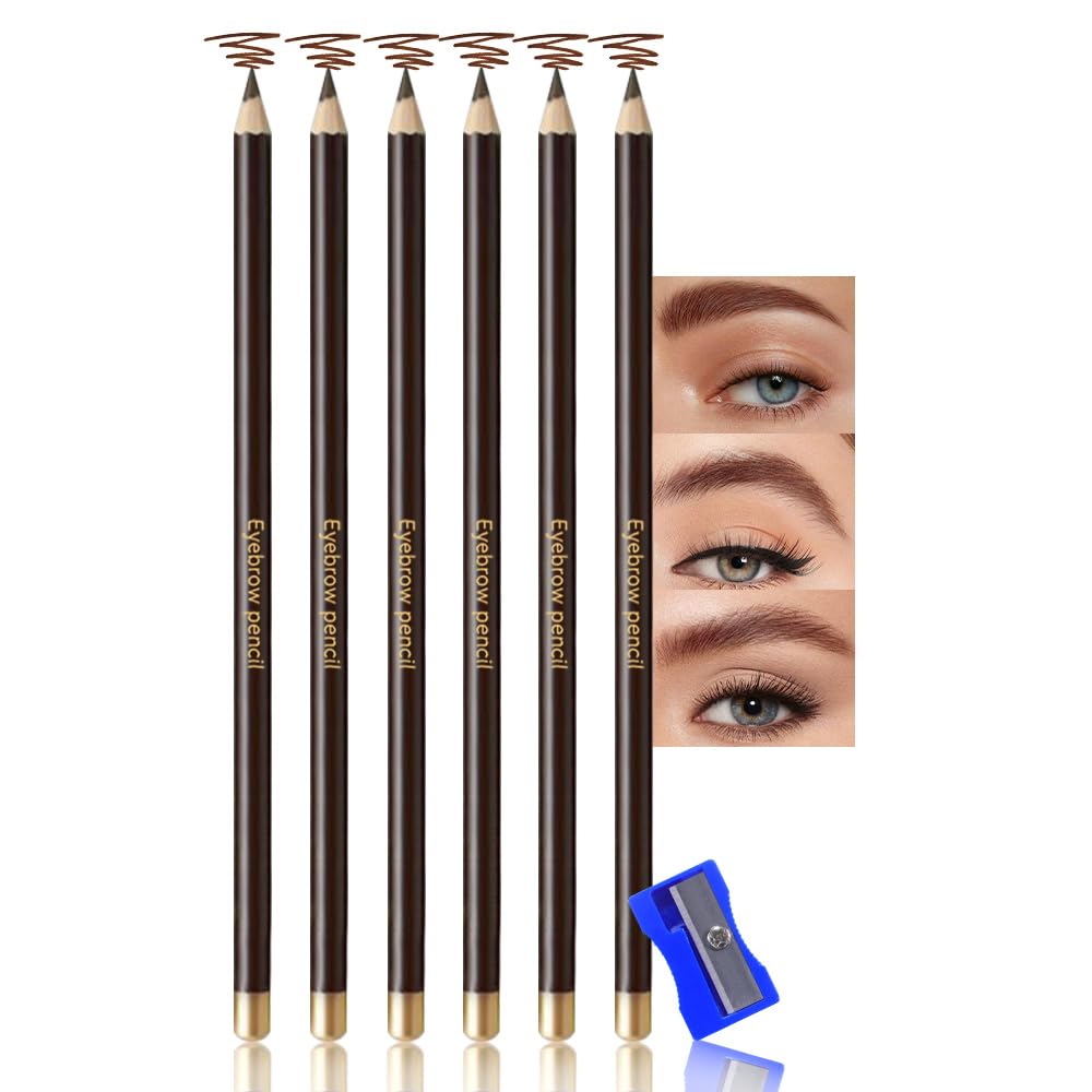 6Pcs Long Eyebrow Pencils Set, Dark Brown Natural Look, for Eyebrows & Eyeliner, Waterproof & Sweat-Proof Wooden Hard-Core Brow Pencil with Sharpener,Long Lasting Makeup Kit for Beginners 105#