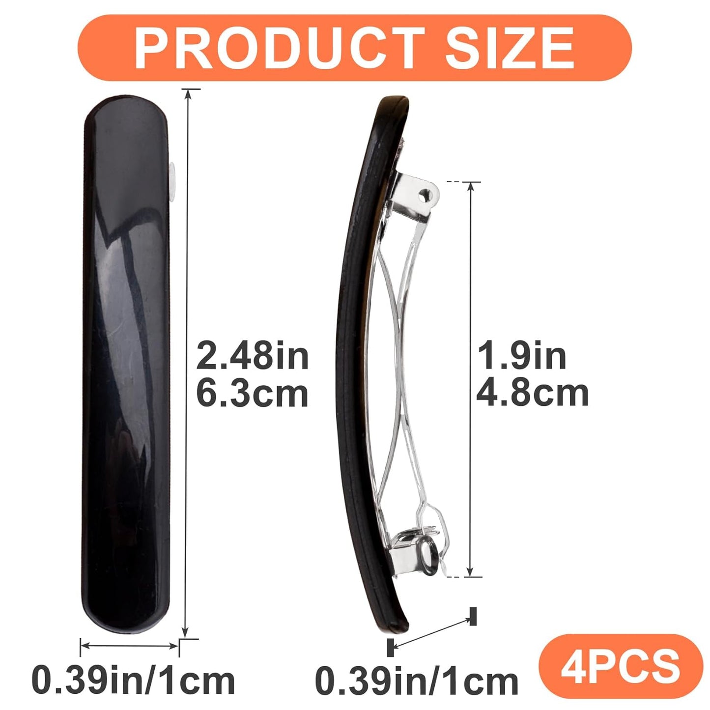 4pcs French Barrettes for Women, Non-Slip Head Oval Hair Clips, Curved Glossy Hairpins Styling Tool for Long Short Straight Curly Wave Hair- Black