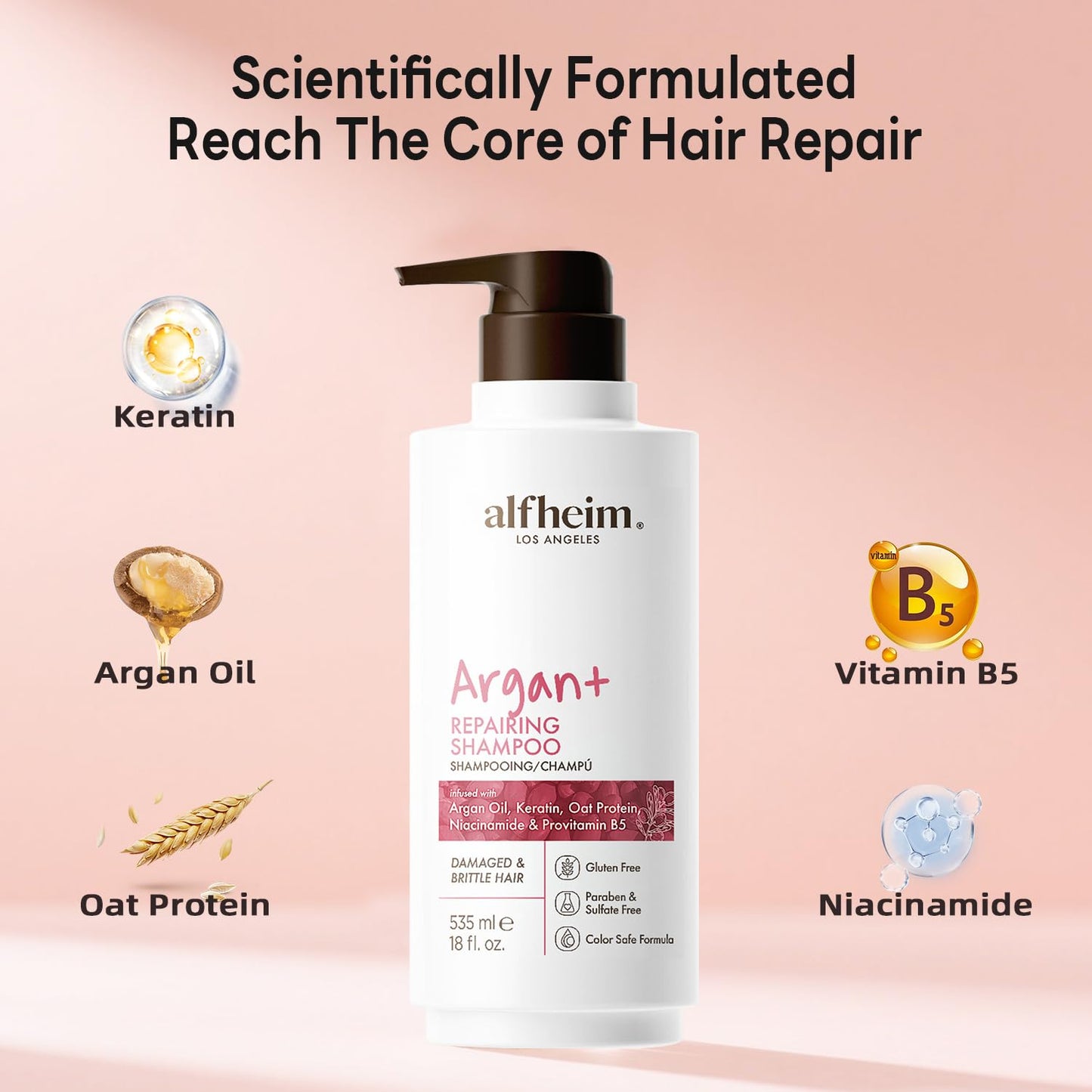 ALFHEIM Argan+ Repairing Shampoo for Dry, Damaged & Frizzy Hair with Argan Oil, Keratin, Oat Protein, Panthenol & Vitamin E – Deep Moisture, Shine Boost, Frizz Control, Sulfate Free – 18 oz / 535 ml