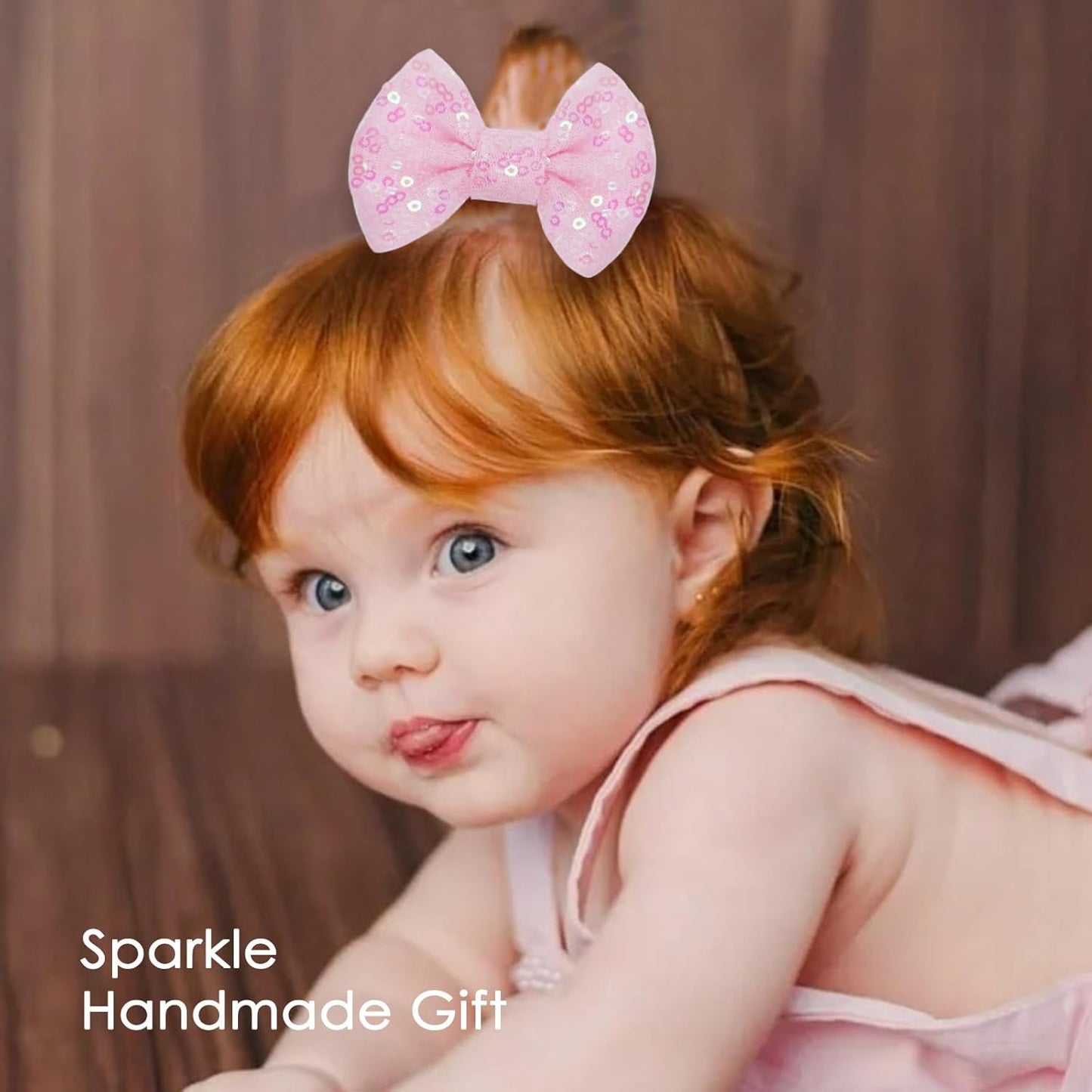 KISZU 3 Inch Glitter Hair Bows Clips, Sparkling Sequin Little Bow HairPins for Baby Girls Children Teens and Women (Light Pink)