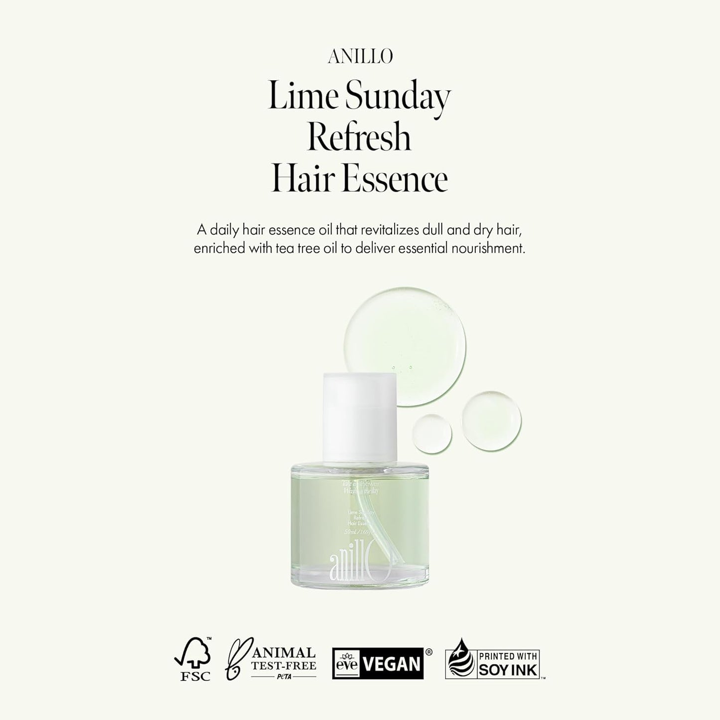 ANILLO Sunday Refresh Lime Hair Essence with Vitamin C, Tea Tree Leaf Oil, and Green Mint - Enhancing Hair Vitality, Citrus Scent, Paraben-Free (50ml / 1.69 fl. Oz)