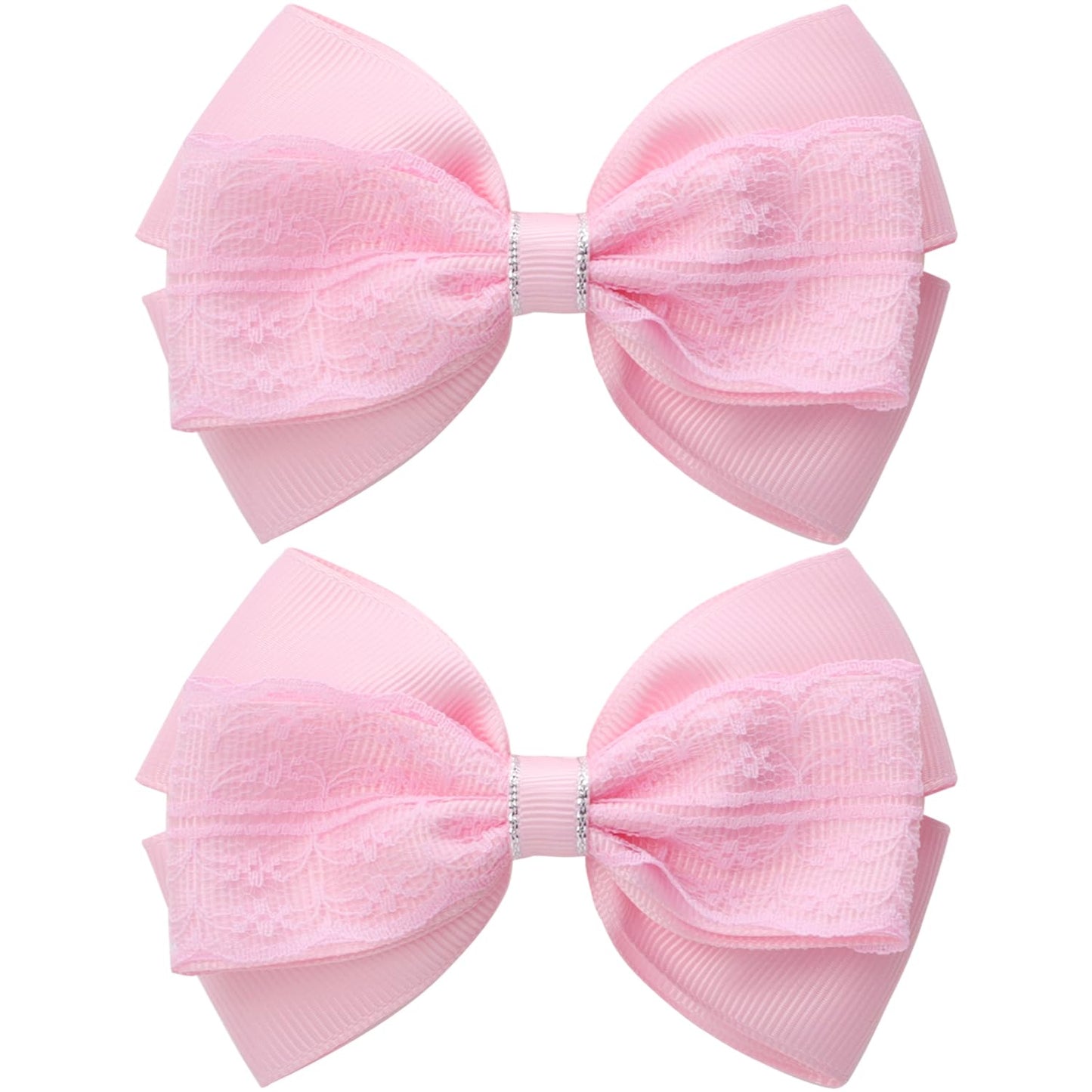 4-Inch Hair Bows Alligator Clips Delicate Lace Hair Accessories for Girls, Toddler, Kids and Women Daily Dress Up Birthday Wedding Christmas Occasions- Set of 2 (Pink)