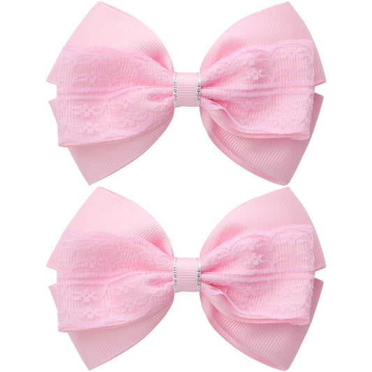 4-Inch Hair Bows Alligator Clips Delicate Lace Hair Accessories for Girls, Toddler, Kids and Women Daily Dress Up Birthday Wedding Christmas Occasions- Set of 2 (Pink)