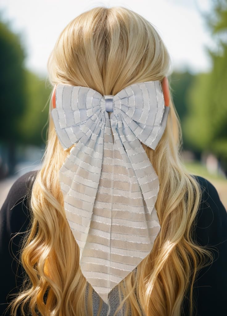 Furling Pompoms Hair Clip - Hair Bow Clip for Women, 6 Pieces, Large Hair Bows with Long Tail Tulle Striped and Ribbon Bows, Suitable for Many Occasions
