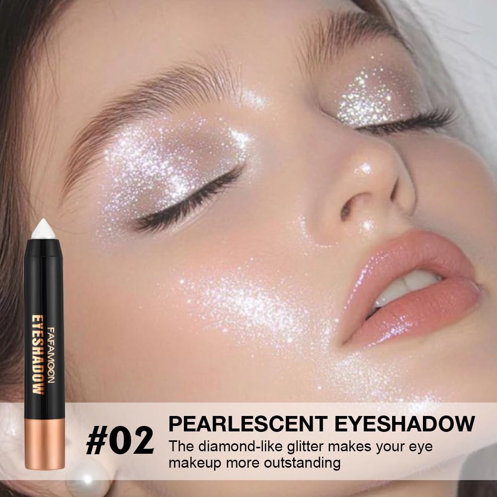 AMY'S DIARY Pearl White Shimmer Glitter Eyeshadow Stick, Cream Eye Shadow Pencil Waterproof, Eyeshadow Crayon Pen Eye Brightener Stick for Eyes Highlighter