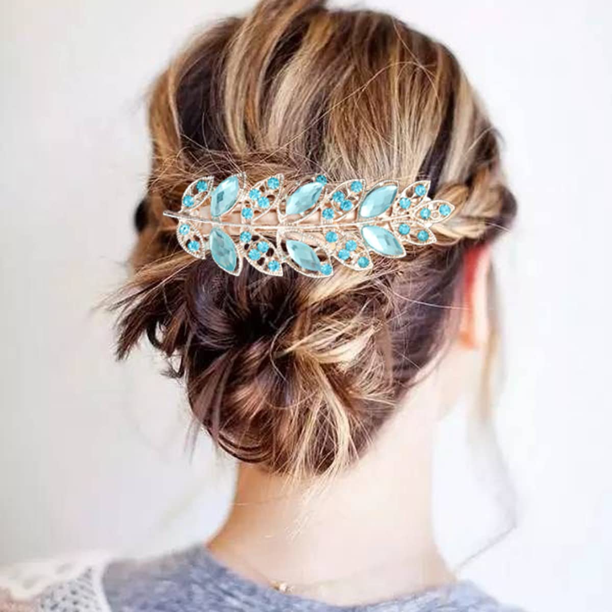 2 Pcs Crystal Rhinestones Hair Clips for Women, Sparkly Glitter Flower Hair Barrettes Metal Spring Hair Pins 8cm, 2-Leaf Multicolor B