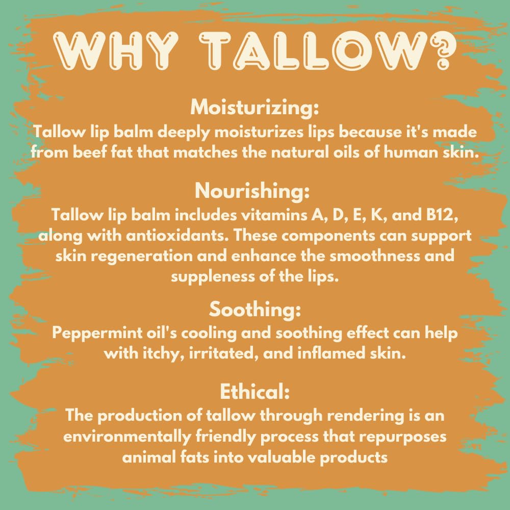 Tallow Lip Balm with Grass-fed and Finished Tallow, Organic Beeswax and Natural Peppermint Oil - Handmade With Only 3 Ingredients To Lock In Soothing Moisture (Peppermint) - 2 Pack