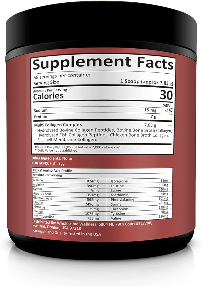 Wholesome Wellness Multi Collagen Protein Powder Hydrolyzed (Type I II III V X) Grass-Fed All-in-One Super Bone Broth + Peptides - Premium Blend of Beef, Chicken, Wild Fish, Eggshell, 58 Servings
