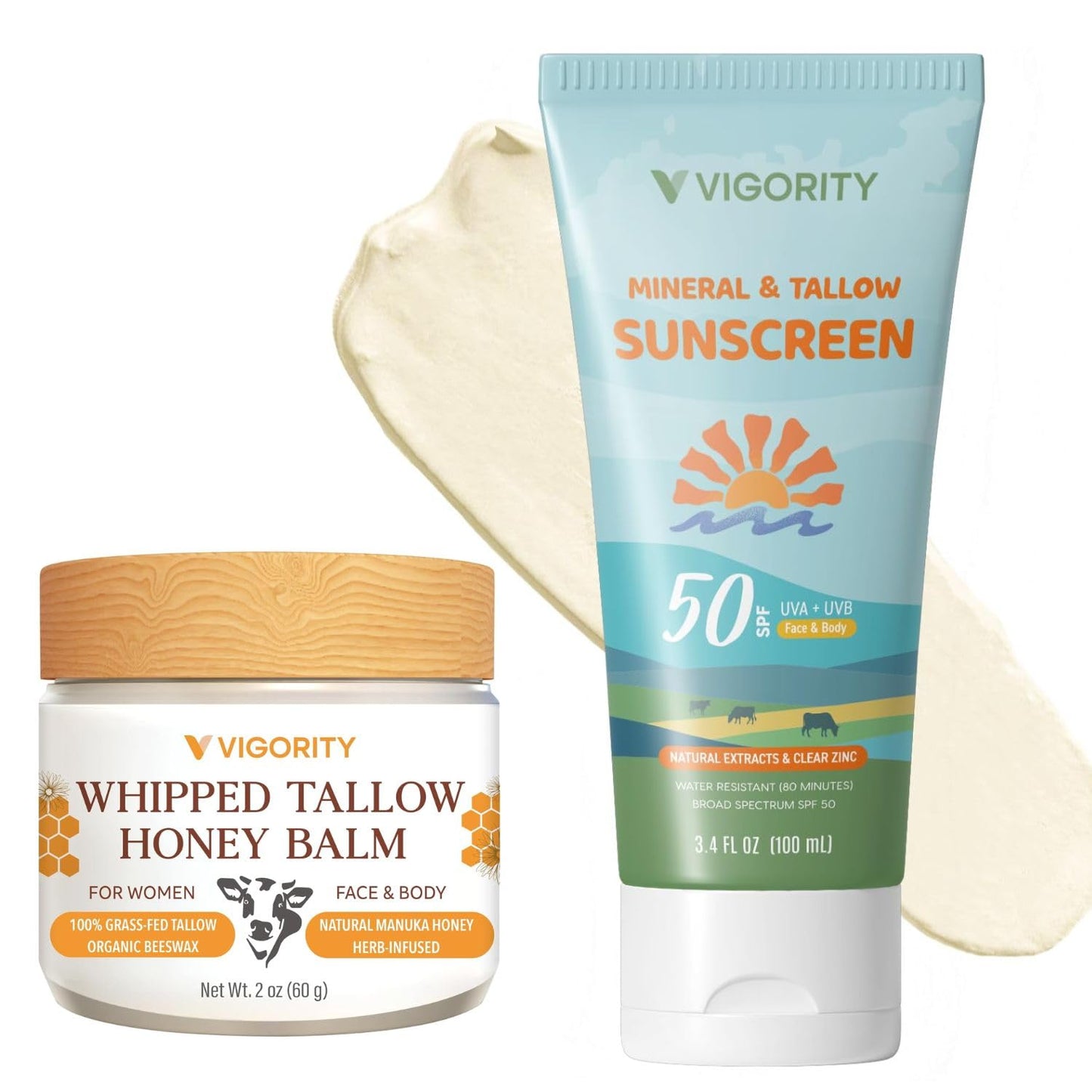 Beef Tallow Sunscreen with Zinc Oxide: Natural Non-Toxic SPF 50 Tallow Sunblock Cream for Face & Body - with 10 Food-Grade Botanical Extracts (Tallow Balm + SPF 50 Sunscreen)