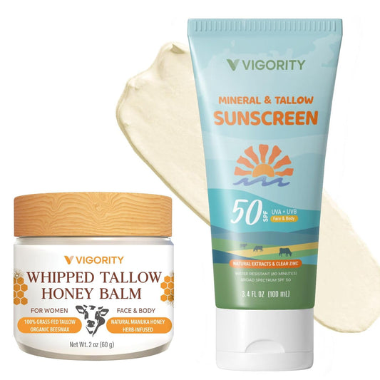 Beef Tallow Sunscreen with Zinc Oxide: Natural Non-Toxic SPF 50 Tallow Sunblock Cream for Face & Body - with 10 Food-Grade Botanical Extracts (Tallow Balm + SPF 50 Sunscreen)