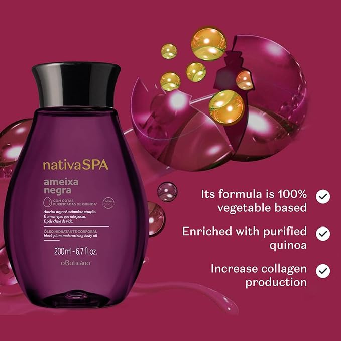 Nativa SPA by O Boticário, Black Plum Body Oil, Scented Moisturizer, Enriched with Purified Quinoa Drops to Boost Hydration, 6.8 Ounce