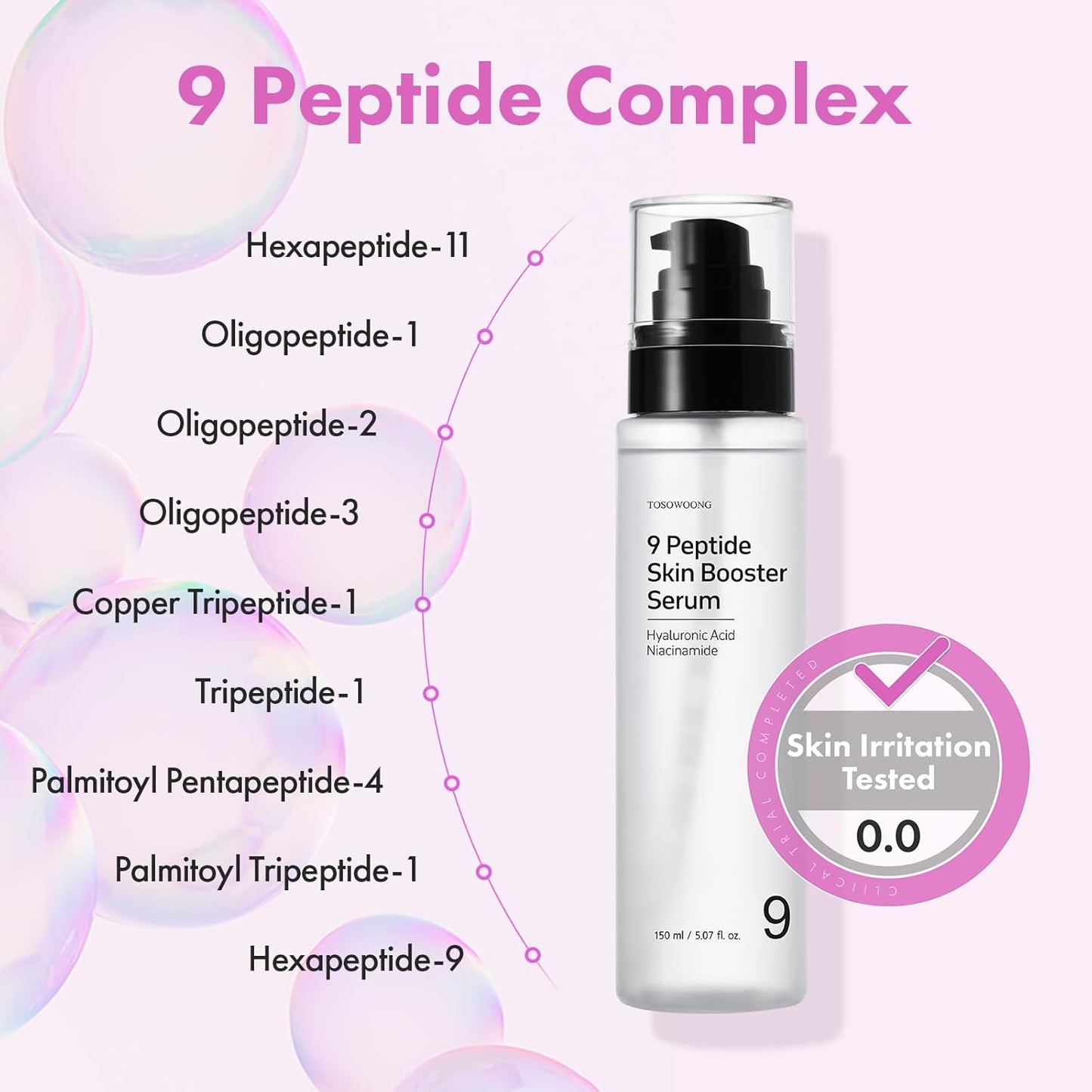 TOSOWOONG 9 Peptide Skin Booster Serum, Niacinamide & Hyaluronic Acid Skin Renewal Boosting Facial Essence for All Skin Types, Korean Skin Care, Paraben Free, 150ml, 5.07 fl.oz.