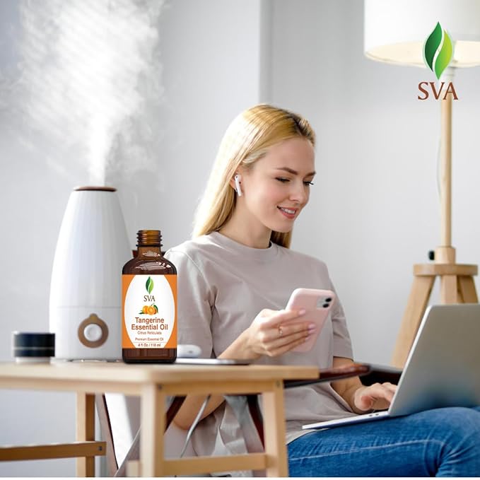SVA Tangerine Essential Oil – 4 Fl Oz – 100% Natural Tangerine Oil - for Diffuser, Hair Care, Face, Skin Care, Aromatherapy, Scalp and Body Massage, Soap and Candle Making – with Dropper