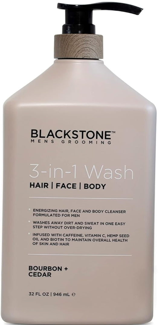 Blackstone 3-in-1 Wash for Men | Cleanses & Conditions Hair, Body, & Face | For All Skin & Hair Types | With Caffeine, Vitamin C, Hemp Seed Oil & Biotin - Bourbon & Cedar, 32 fl oz