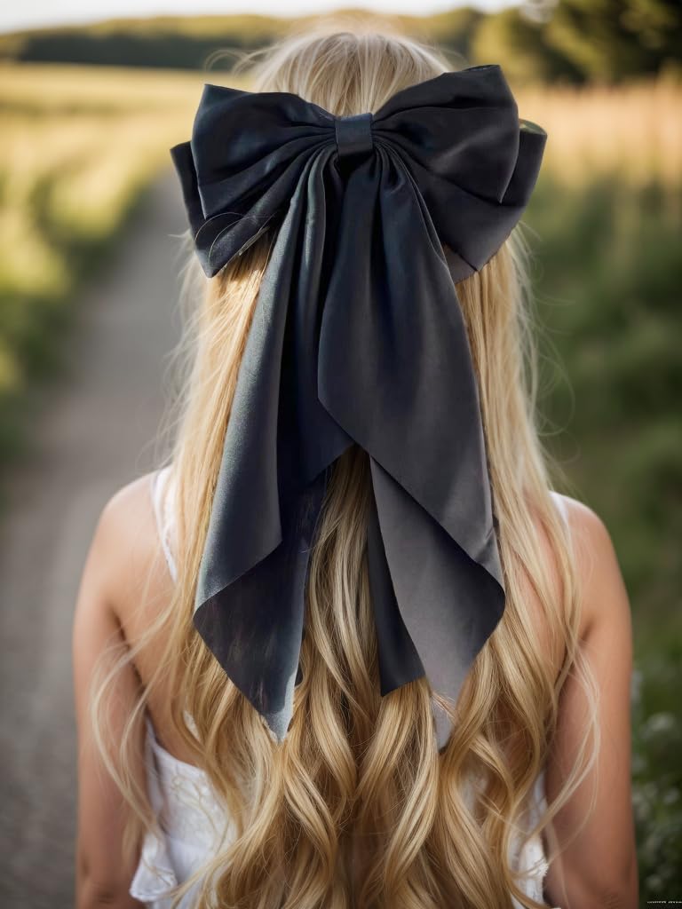 LFOUVRE Black Bow Clip 3pcs, Floral Hair Bow Clips for Girls with Tail, Big Hair Bows for Women, Bows for Girl Bowknot Barrettes, Hair Accessories