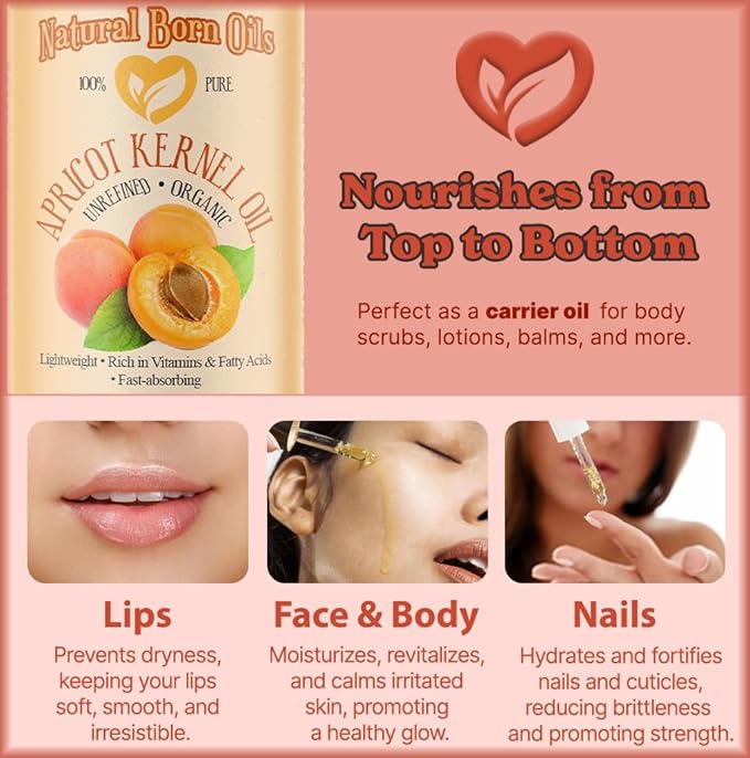 Natural Born Oils Apricot Kernel Oil. 8oz. 100% Pure and Natural, Cold-pressed, Organic Moisturizer Ideal for All Skin Types