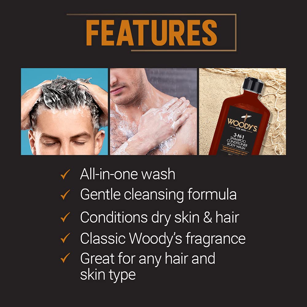 Woody's 3-in-1 Shampoo, Conditioner & Body Wash for Men, Travel-Size, All-in-One Hair & Body Cleanser for Daily Use, 12 fl oz