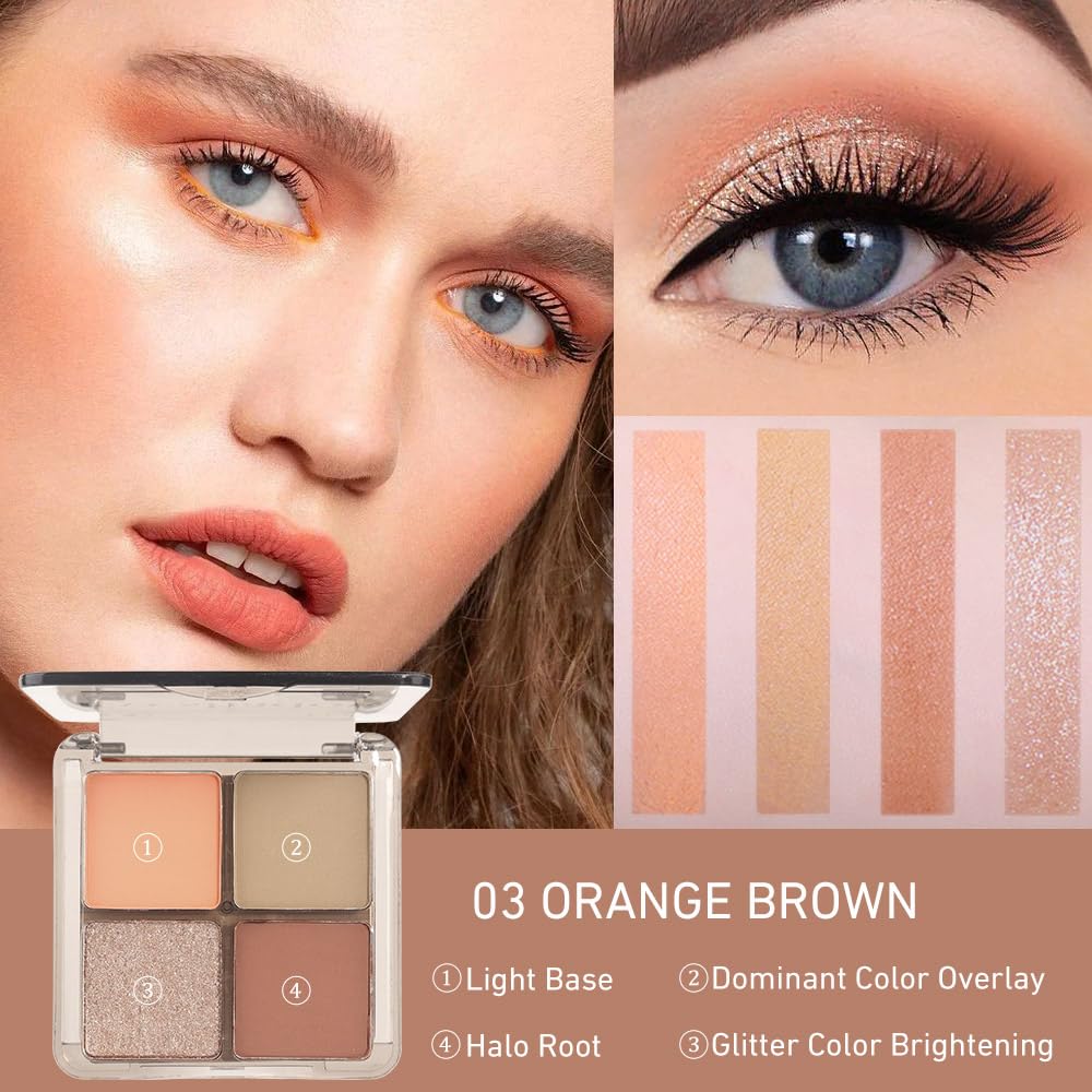 Eyeshadow Quads Blendable Glitter Matte Eyeshadow Palette, Orange Khaki Nude Champagne Gold Sparkly Four Eyeshadow Palette Makeup,Everyday Nature Long-Lasting Waterproof Women Girls Eye Shadow 3#