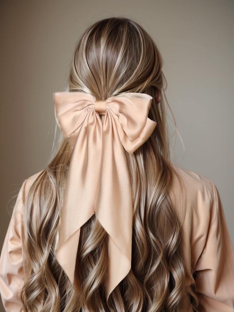 Big Bow Barrettes and Satin Hair Pins with Long Ribbon Tails - Party and Casual Hair Accessories for Women and Girls in Apricot